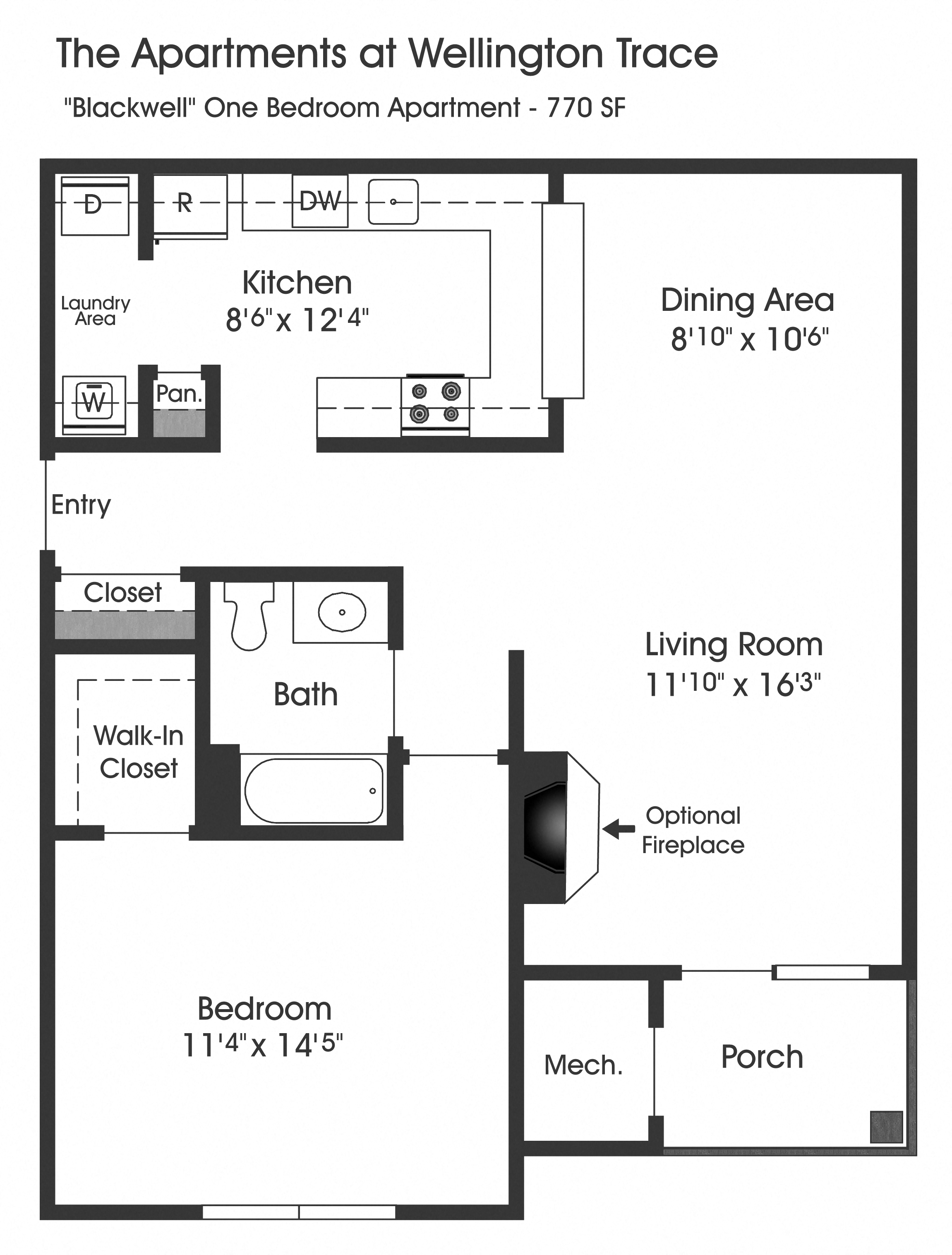 Floor plan for 1 bed, 1 bath, 770 sqft